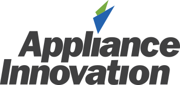 Appliance Innovation Brand Logo - Green Triangle being overlapped by a slightly larger blue triangle that rests in place of the dot in the letter i in Appliance stacked over the word Innovation. Letters are in the color black.