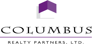 Columbus Realty Partners, LTD. Logo - a purple roof line overset on a gray elongated letter L to create the sense of the letter C for Columbus. Sits centered over large copperplate lettering (Columbus) over a purple divide line resting over Realty Partners, LTD. 